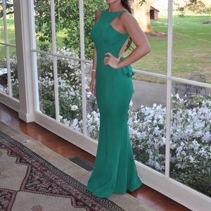 Green backless formal gown